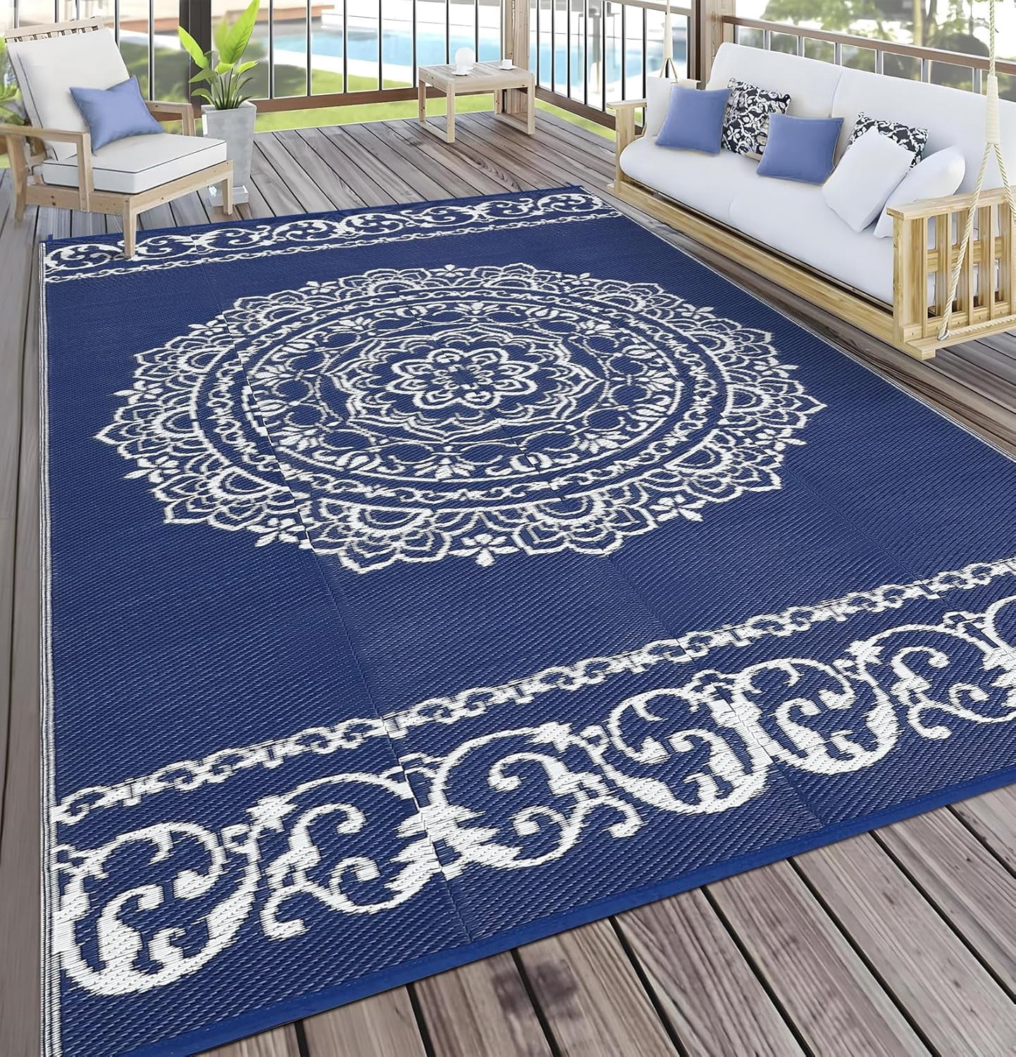 6x6 FT/5x8 FT/8x10 FT/9x12 FT/9x18 FT Outdoor Rug for Picnic Washable Non-Slip Balcony Carpet Vintage Floral Rug Stain-Resistant Easy-Clean Plastic Area Rug for Patio Backyard Farmhouse Beach Camping