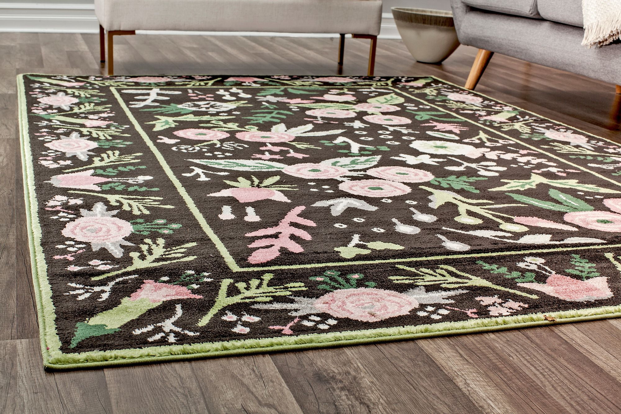 Rugs America Hanna VA30A Gardenia Pink Onyx Floral Transitional Black Area Rug, 5'x7'