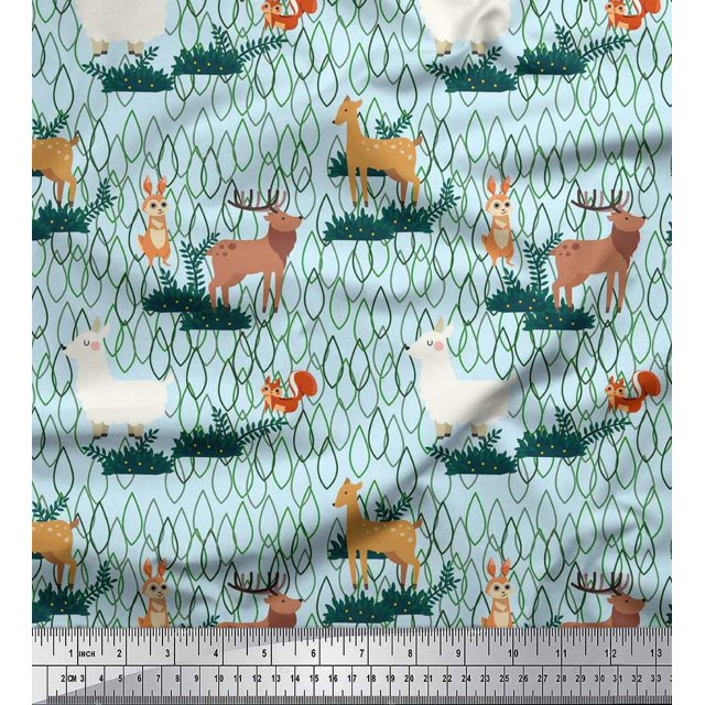 Soimoi Georgette Viscose Fabric Rabbit,Sheep & Deer Kids Decor Fabric Printed Yard 42 Inch Wide