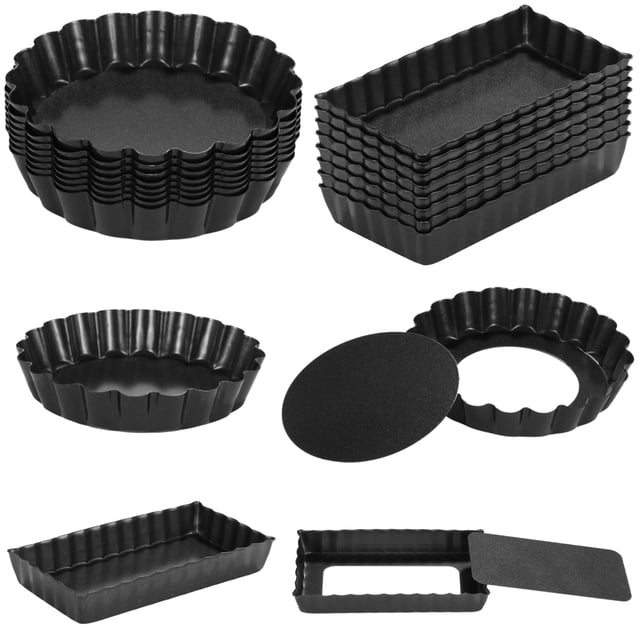 16 PCS Mini Tart Pans, Round and Rectangle Pie Pans, Removable Bottom Nonstick Quiche Pan, 4 Inches Carbon Steel Tart Mold, Fluted Side Dessert Baking Mold Set for Egg Tarts, Pies, Mousse Cakes