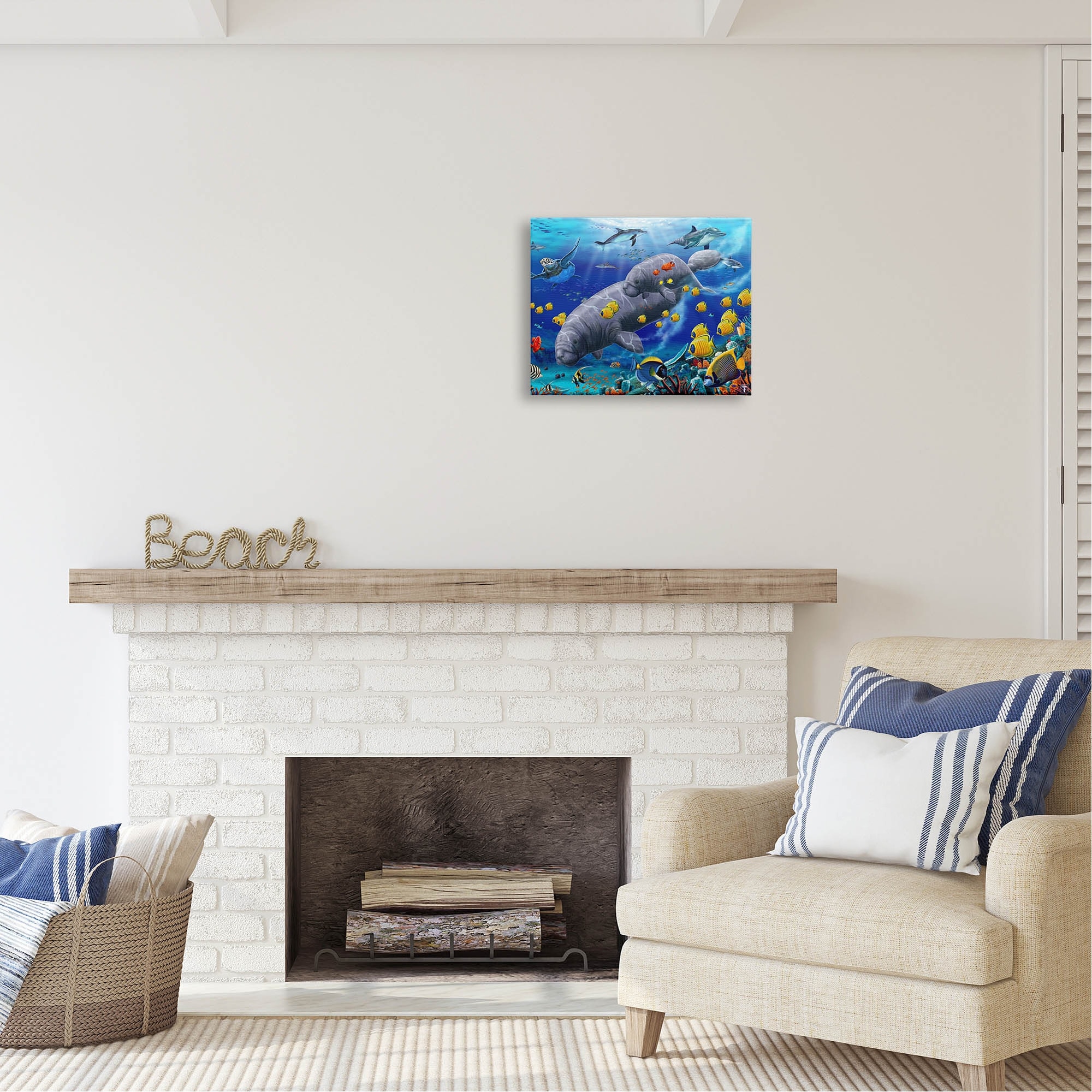 Stupell Industries Manatees & Fish Swimming Coastal Painting Gallery Wrapped Canvas Print Wall Art