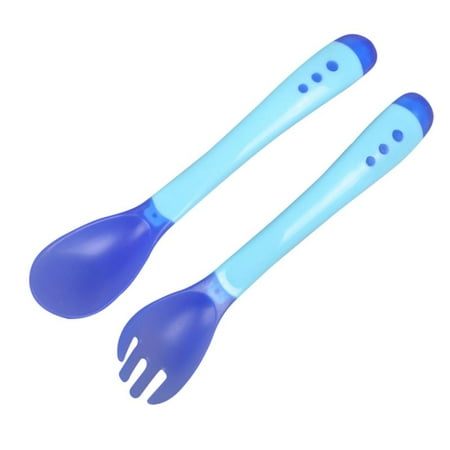 Baby Weaning Feeding Spoon Fork - 2 Pc Set - Heat-Sensing Safety Feeding Dispensing Spoons Utensils for Infant, Toddler - Non-Toxic, BPA Free & FDA Approved - Best For Eating, Weaning &