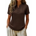 thumbnail image 3 of Henley Shirts for Women Contrast Stitching Short Sleeve Blouse Button Down Stand Collar Tunic Tops Brown XXL, 3 of 6