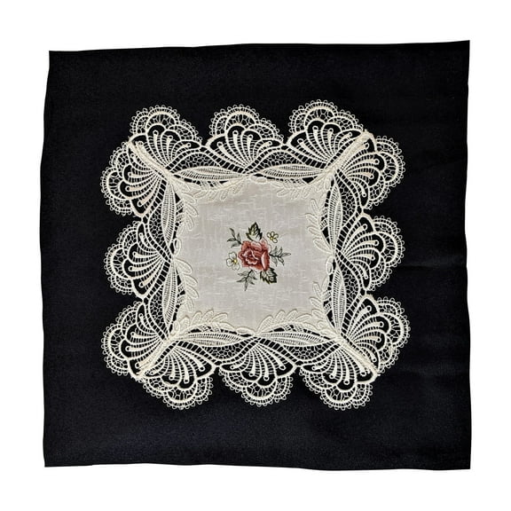 Doily Boutique Square Doily with Pink Burgundy Roses on White Fabric with Lace Size 11 inches