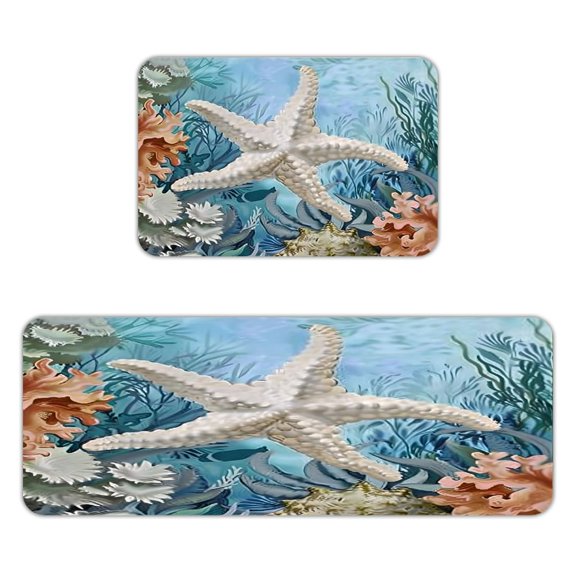 RKSupls 2-Piece Kitchen Rug Set, Starfish Corals Algae Marine Non-Slip Absorbent Flannel Floor Mats 16x24 & 18x47, Washable Runner for Bathroom Entryway