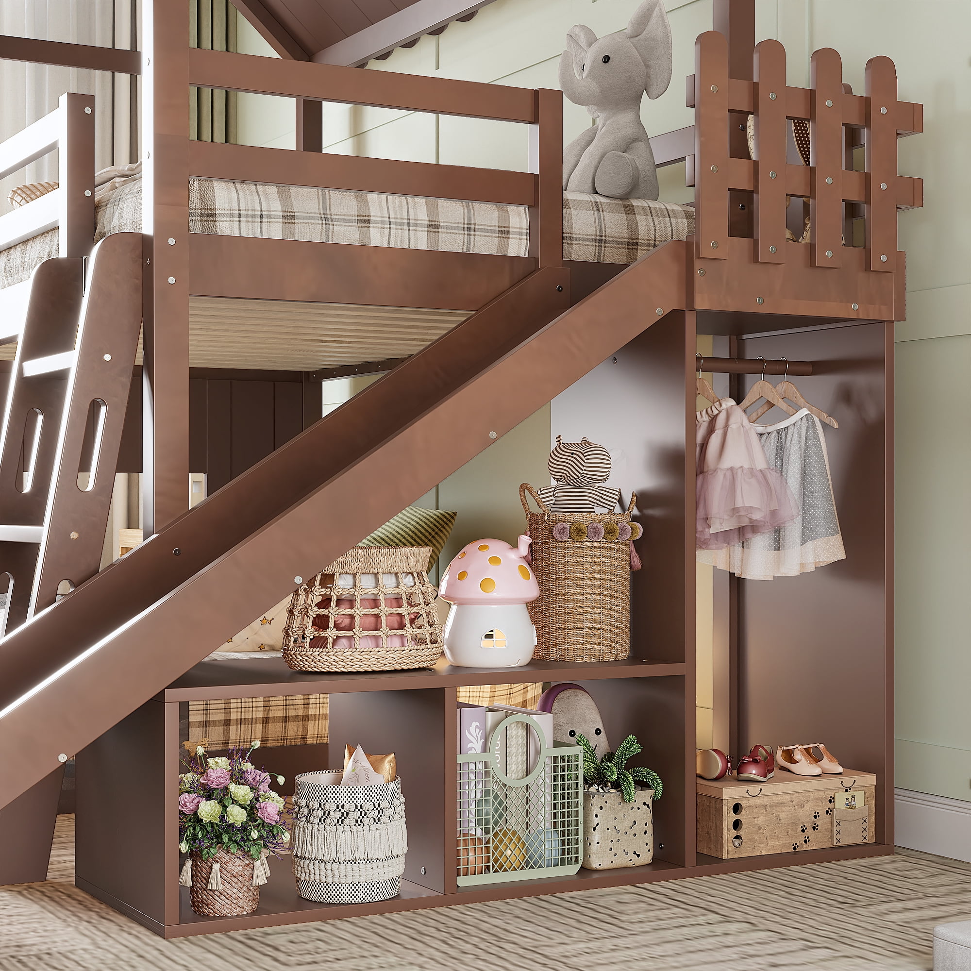Twin over Full House Bunk Bed with Slide & Ladder, Wood Playhouse Bunk Bed with Storage Shelves & Wardrobe, Floor Bunk Bed for All Ages, Deep Natural