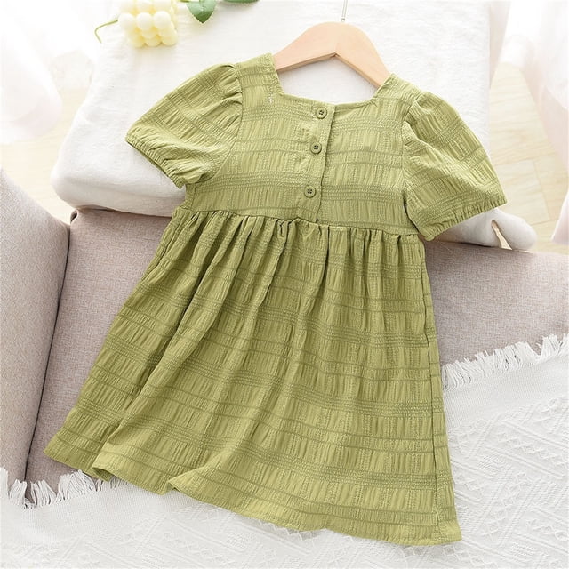 LEEy-world Robe de Fille de Fleur Contraste Maille Manches Courtes Taille Haute Évasé une Robe Courte de Ligne, Vert