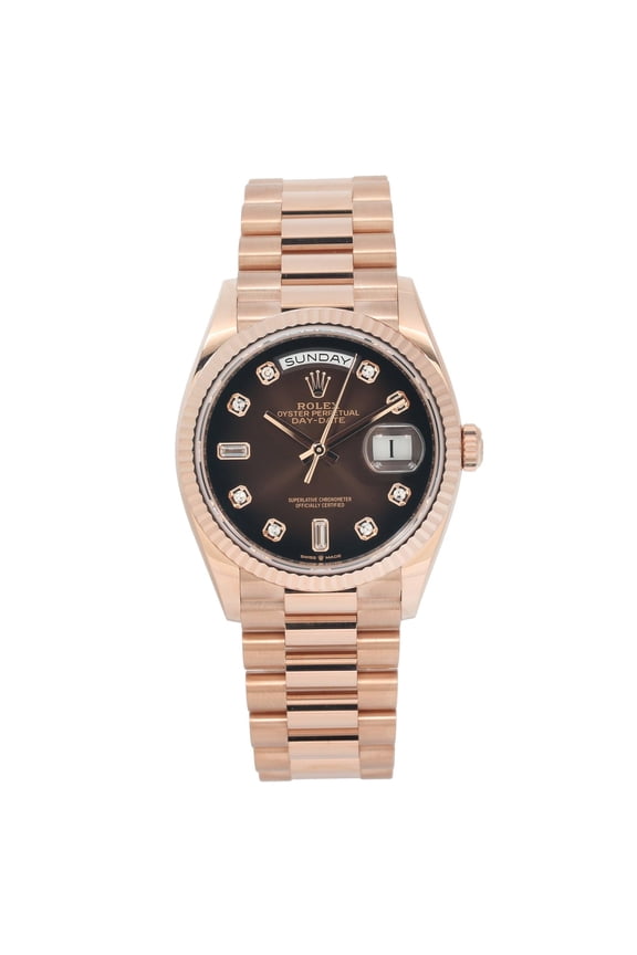 Pre-Owned Rolex Day-Date 36MM 128235CHDP Chocolate Diamond Dial Fluted Bezel 18K Rose Gold President Bracelet