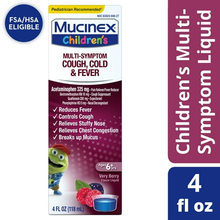 Mucinex Children's Multi-Symptom Cold and Fever Liquid, Very Berry, 4 Ounce (Packaging May Vary)