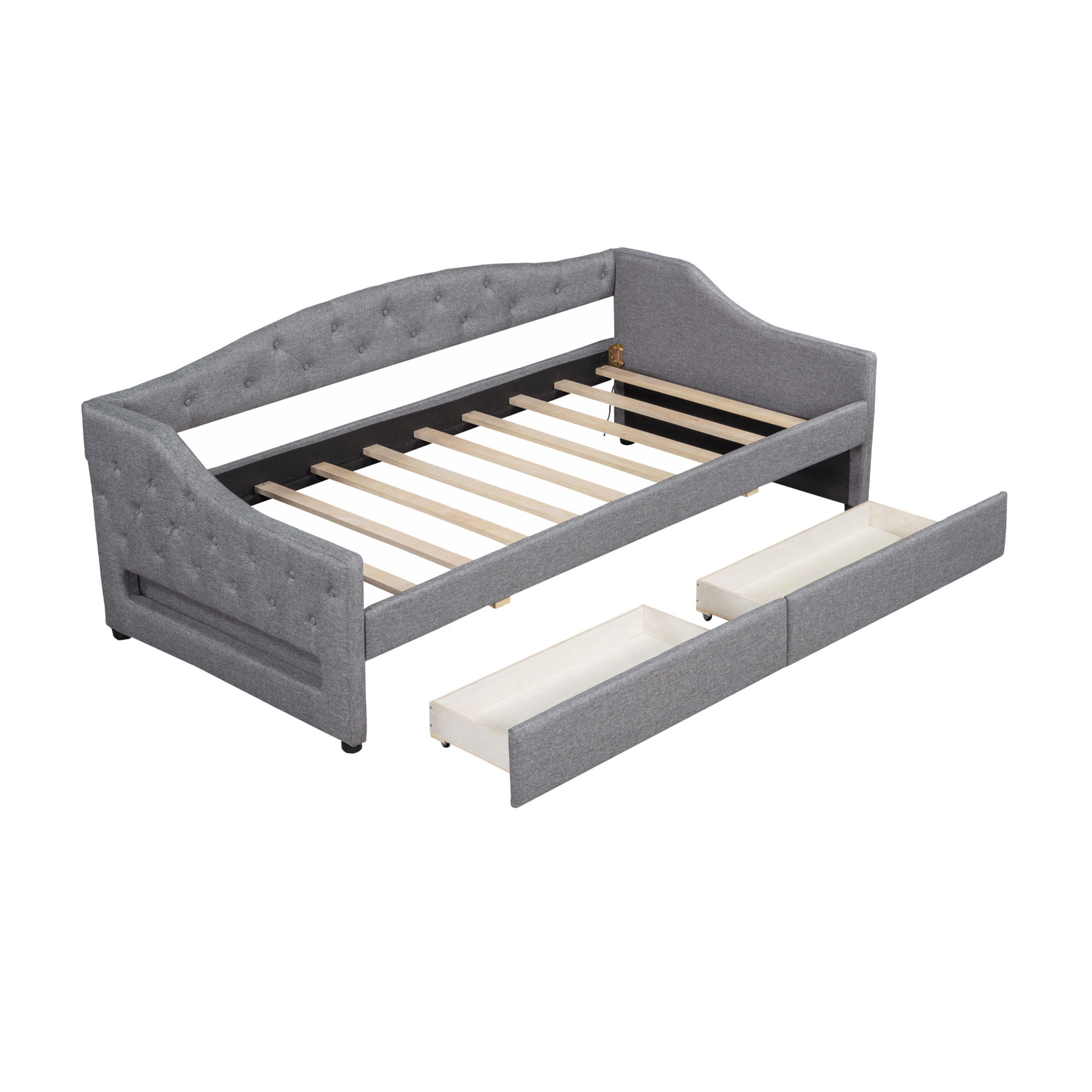 Noble House Twin XL Linen Upholstered Daybed, Tufted Frame with 7-Color LED Belt and 2 Storage Drawers, Gray