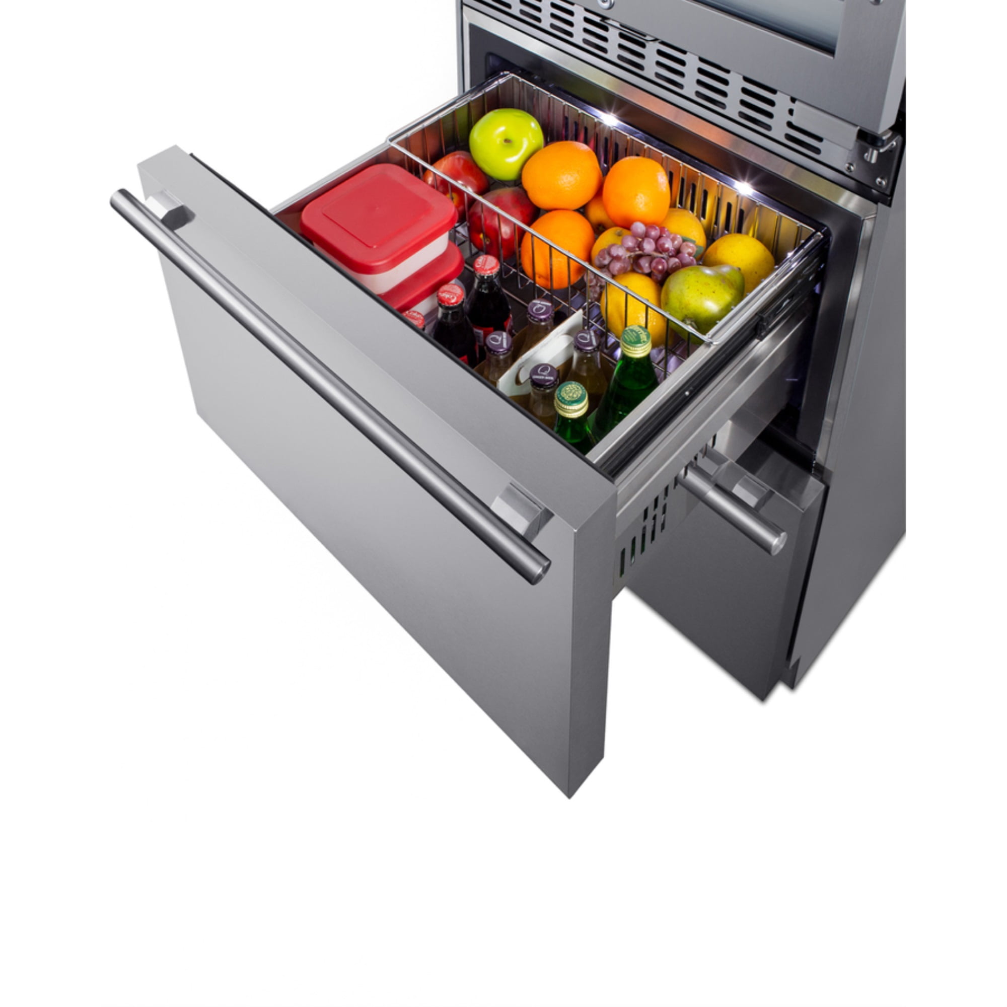 24" wide combination built-in/freestanding upright dual zone glass door wine cellar and 2-drawer refrigerator in stainless steel