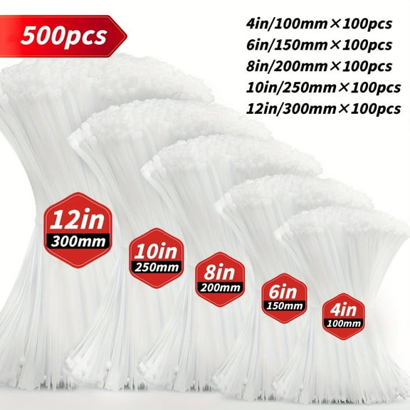500-Piece White Cable Ties, 4 6 8 10 12 Inch Nylon Zip Ties, Self-Locking Wire Ties for Home, Office & Commercial Organizing, Complete Multi-Size Bulk Set (100pcs per Size)