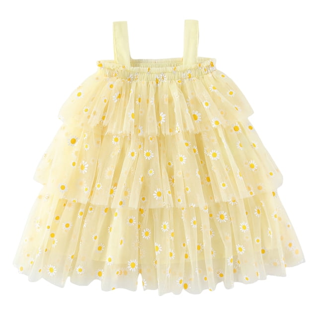 sertiohcv Robe Fille Décontractée Col Rond Ligne A Robe Tutu Bébé Fille Robes de Fête d'Anniversaire Robe d'Été Sans Manches Jaune Taille pour 1-2 Ans