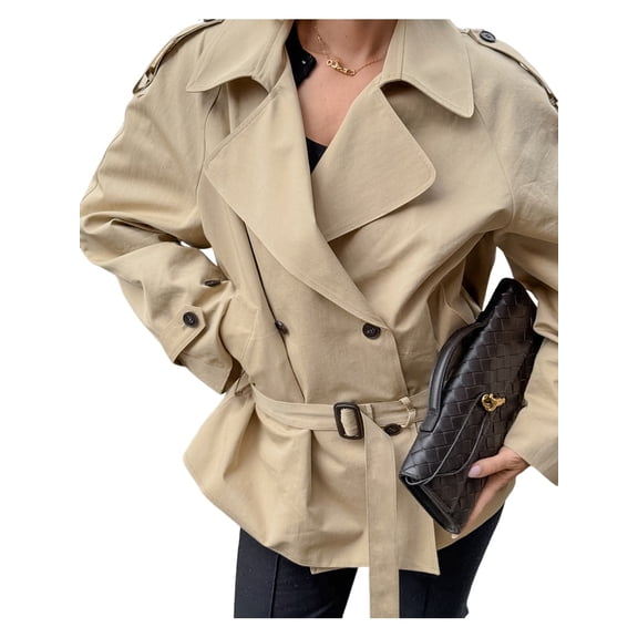 Womens Cropped Trench Coat Casual Double Breasted Short Jacket Fall Fashion Outerwear with Belt Khaki S