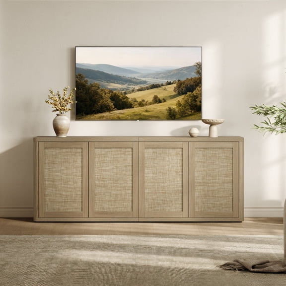 SICOTAS 64" Boho TV Stand Cabinet for TVs up to 75", Rattan TV Media Console Table with 4 Doors & 2 Adjustable Shelves, Large Curved Farmhouse Tall Entertainment Center for Living Room, Natural Oak