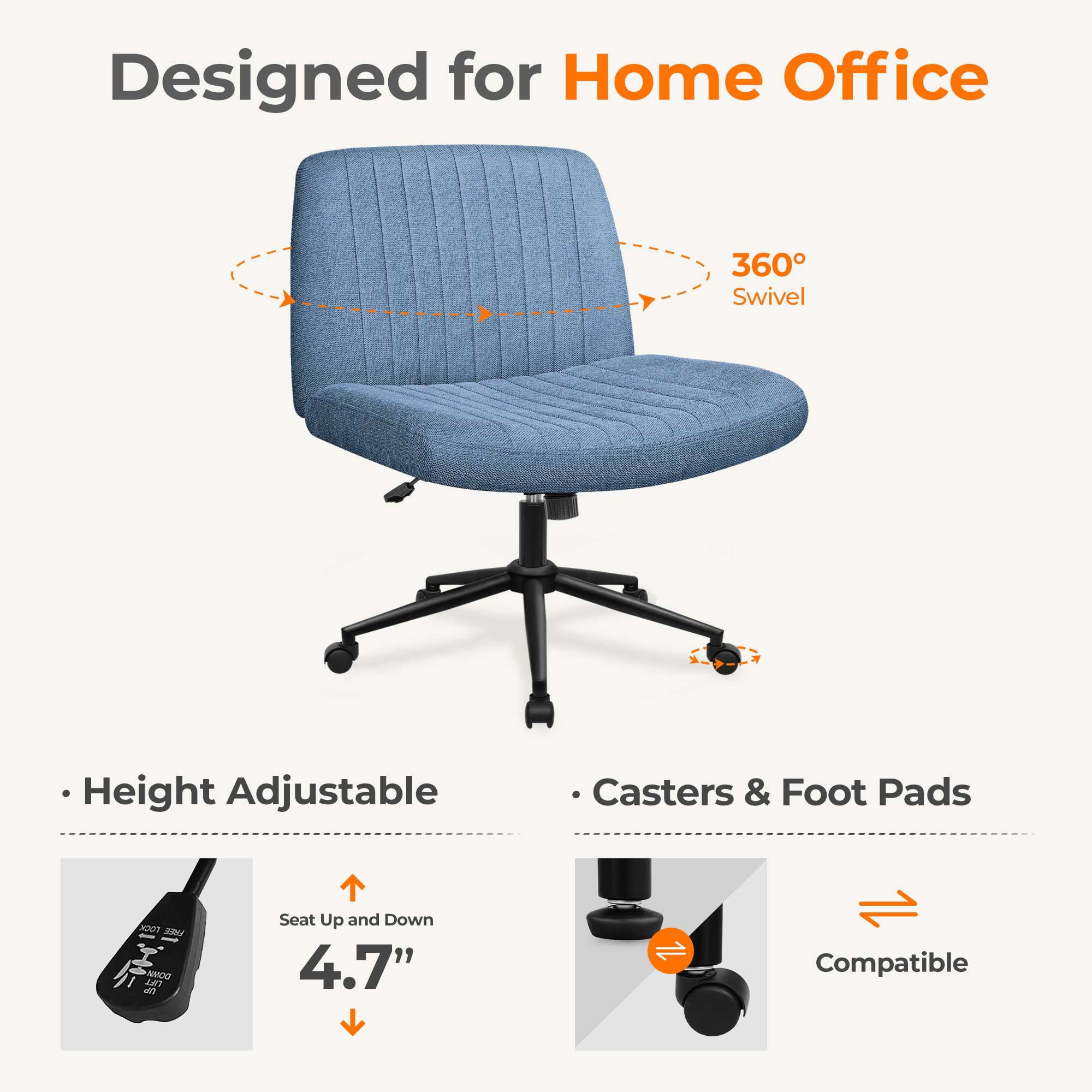 NEO CHAIR Criss Cross Chair with Wheels Armless Cross Legged Office Desk Wide Comfy Vanity Makeup Chair Adjustable Swivel Rolling Computer for Home Office Fabric (Blue Dual Base)