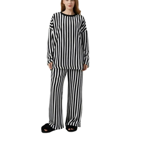 Womens Pajamas Set,Casual Solid Color Round Neck Warm Striped Long Sleeved Shirt Flannel Long Pants Nightgown Home Suits,Womens Pajama Set