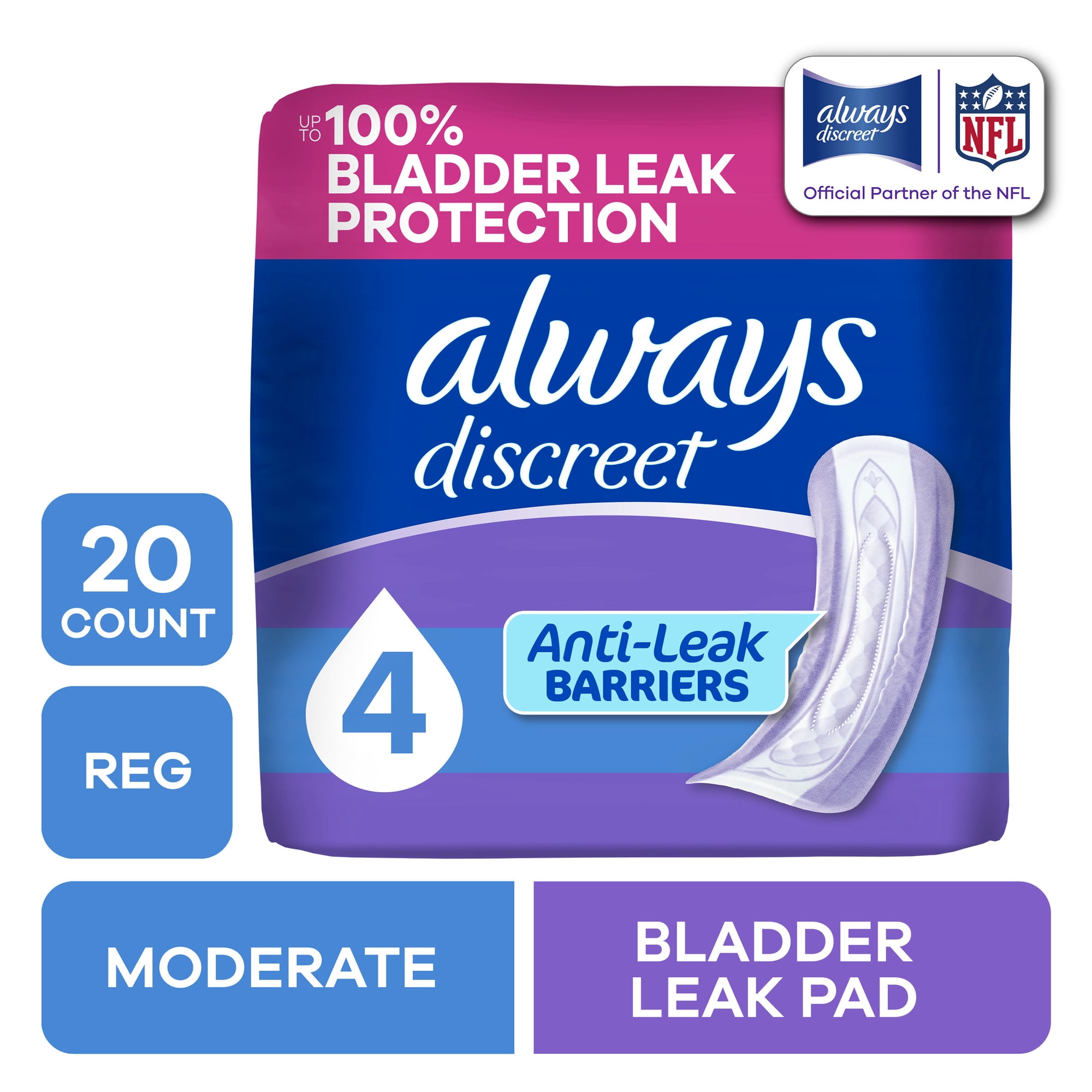 Always Discreet Adult Incontinence Pads for Women, Moderate Absorbency, Regular Length, Postpartum Pads, 20 CT