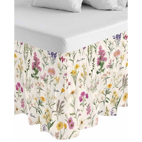 Wildflowers Wrap Around Bed Skirts for Queen Bed 18" Drop,Bed Skirt with Adjustable Elastic Belt Dust Ruffle Bed Valance for Bedroom Hotel Blossoming Botanical Prints Garden Floral Bed Frame Cover