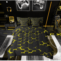 Feelyou Neon Yellow Honeycomb Twin Bedding Sets 7-Piece for Kid, Futuristic Geometric Bedding Comforter Set, Modern Hexagon Reversible Sheet Sets, Microfiber Bedroom Decor