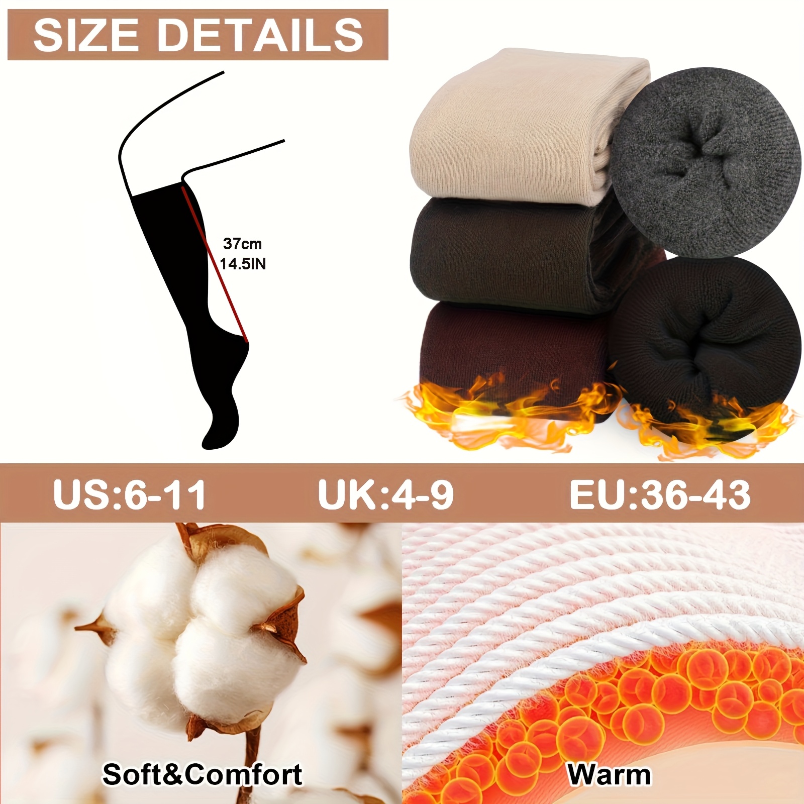 4 Pairs Warm Knee High Socks for Women, Soft Thick Stocking for Cold Weather, Thermal Womens Long Casual Winter Gifts Socks for Hiking Skiing