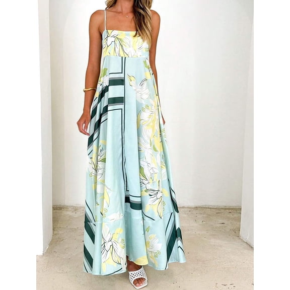 Blue And White Floral & Geometric Stripe Boho Maxi Dress Spaghetti Strap Smocked Back Flowy Sleeveless A-Line Sundress