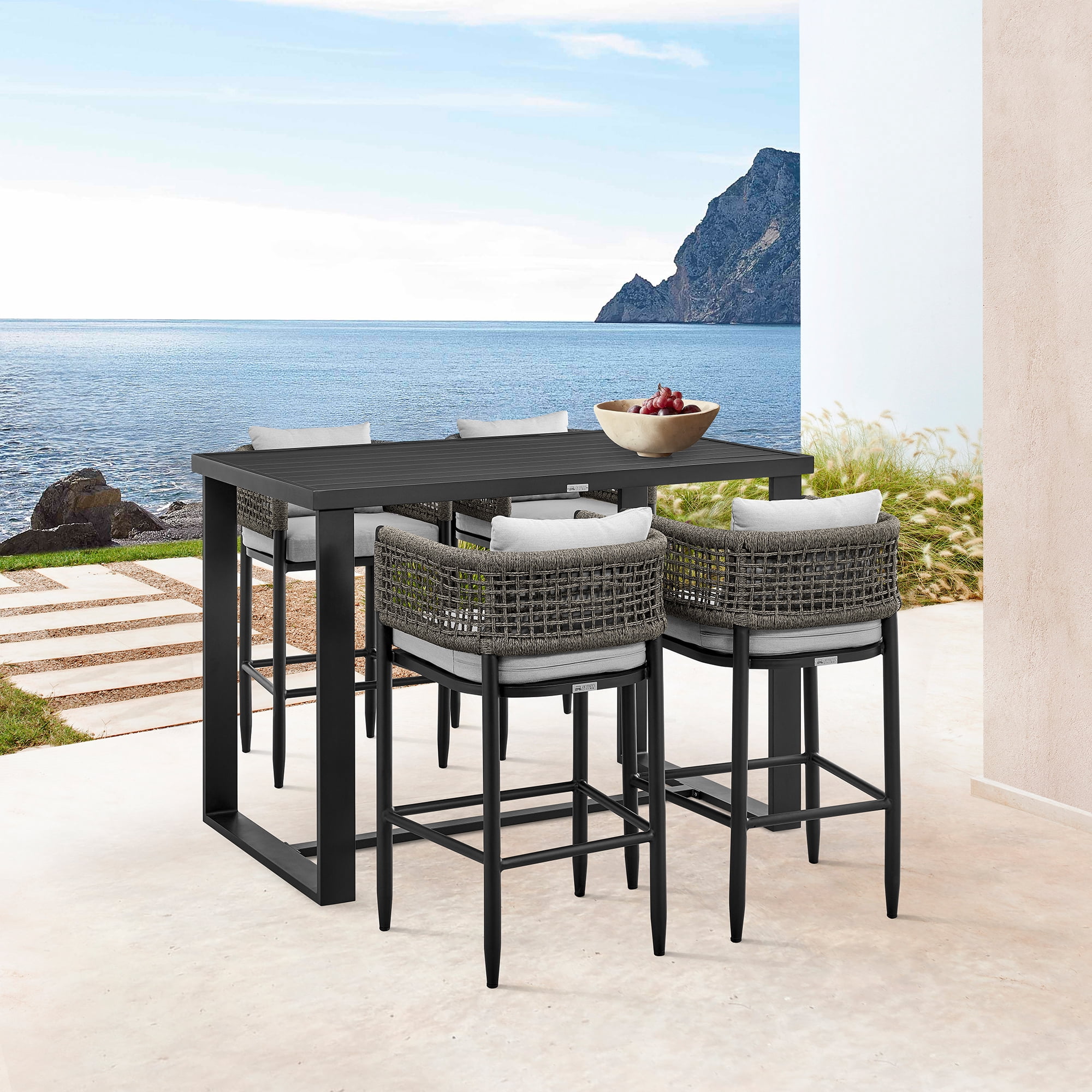 Alegria Outdoor Patio Counter Height Bar Stool in Aluminum with Gray Rope and Cushions - Set of 4