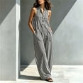 thumbnail image 2 of biudgviw Womens Wide Leg Jumpsuits Fashion Striped Henley Jumpsuits Button Casual Sleeveless Long Rompers with Pockets, 2 of 7