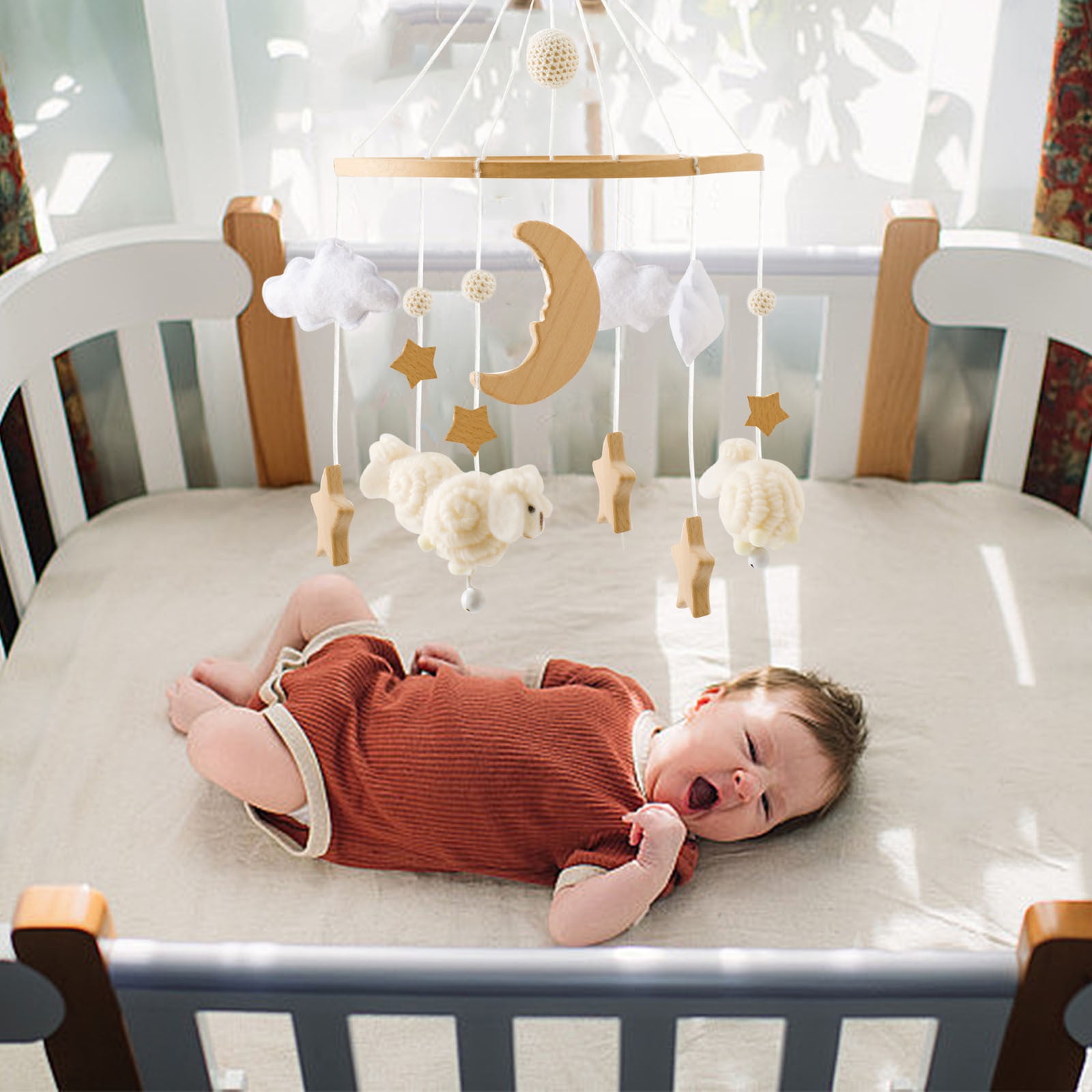 Baby Crib Mobile, Gaqring Handmade Wooden Felt Mobile for Newborns, Natural Bamboo Fiber Hanging Wind Chime Bed Decor Safe Soft Nursery Gift, Beige