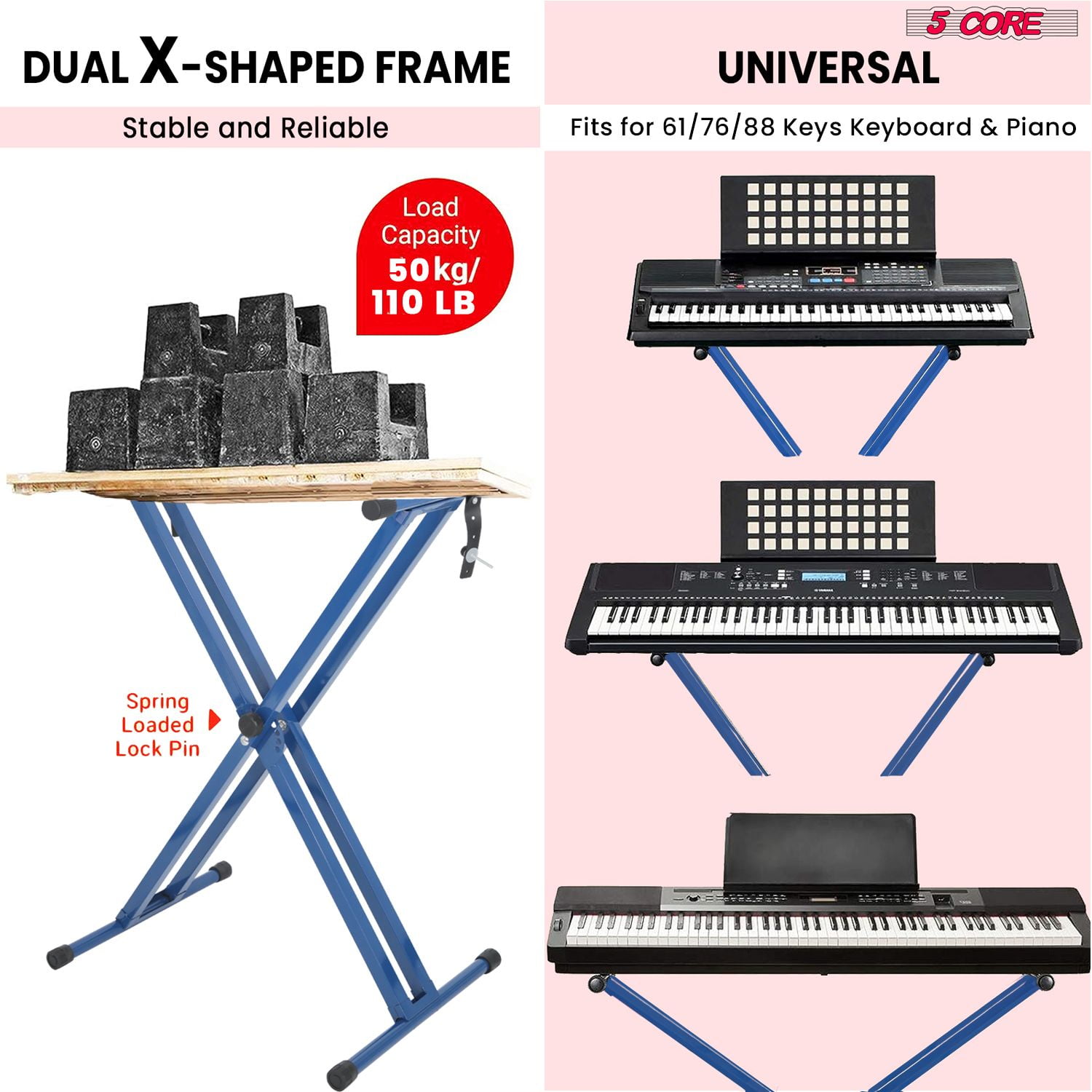 Piano Keyboard Stand Double X Style Heavy Duty Adjustable Digital Electric Piano Riser Durable & Sturdy Music Synthesizer Holder Stands For 61 76 88 Keys w Secure Locking Strap - KS 2X Blue