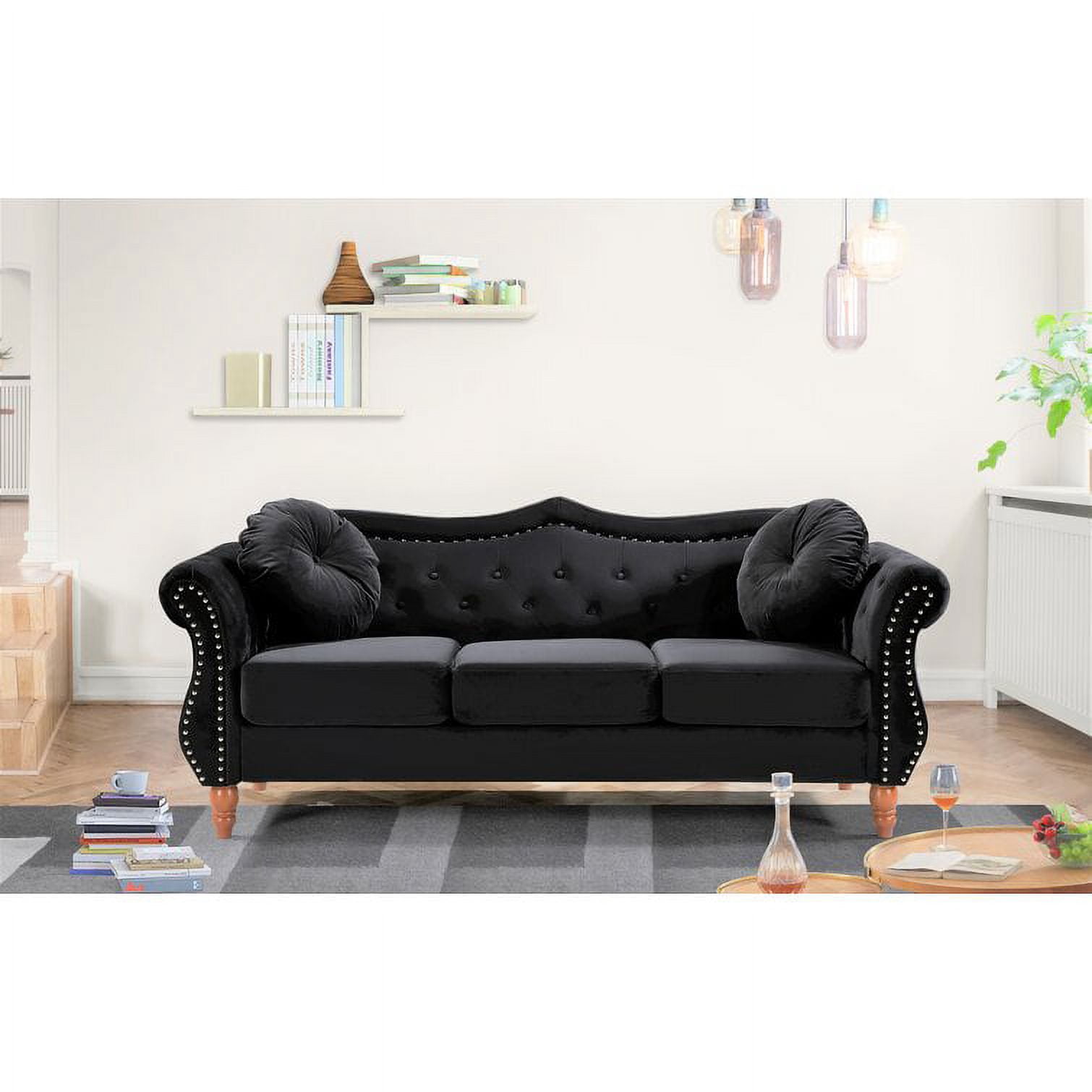 Uspridefurniture Wymore 79.5'' Velvet Rolled Arm Sofa, Black