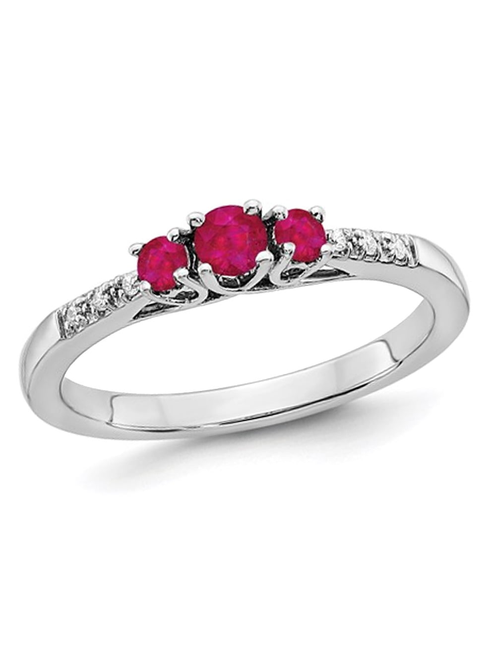Gem And Harmony - 1/4 Carat (Ctw) Three Stone Ruby Ring in 14K White
