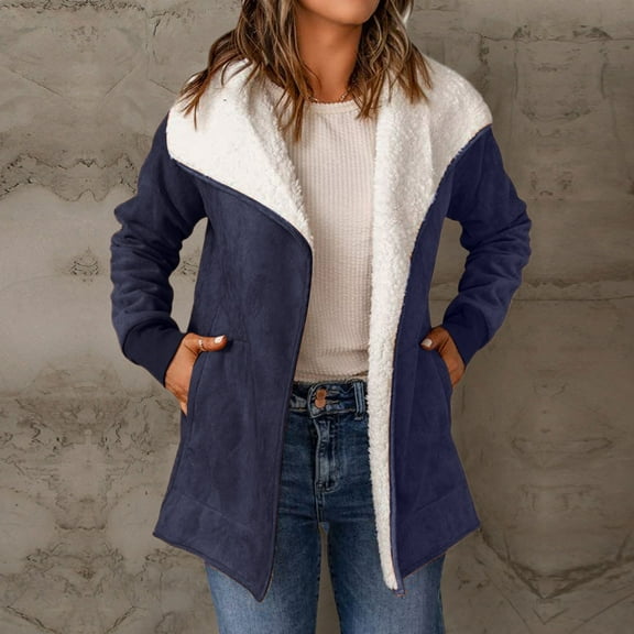 Jacket Women Long Sleeved Suede Lambswool Warm Solid Thick Warm Open Front Jackets Womens Coats Blue L