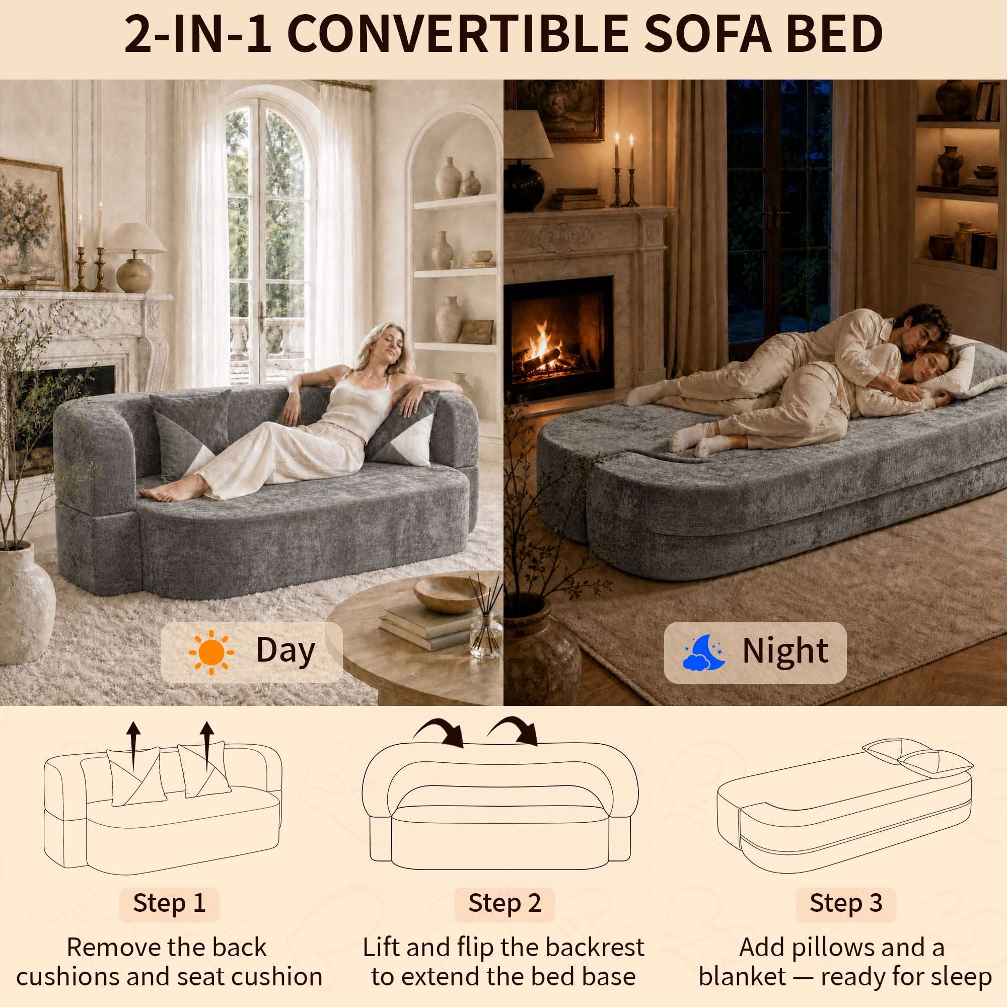 78.74"W Eggshell Convertible Sofa,Floor Couch,Sleeper Sofa Bed,No Assembly High-Density Sponge Loveseat with 2 Pillows for Living Room, Apartment,Small Spaces,Charcoal Gray