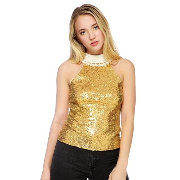 Women's Dressy Party Sequin Embellished Faux White Pearl Lace Collar Halter Top