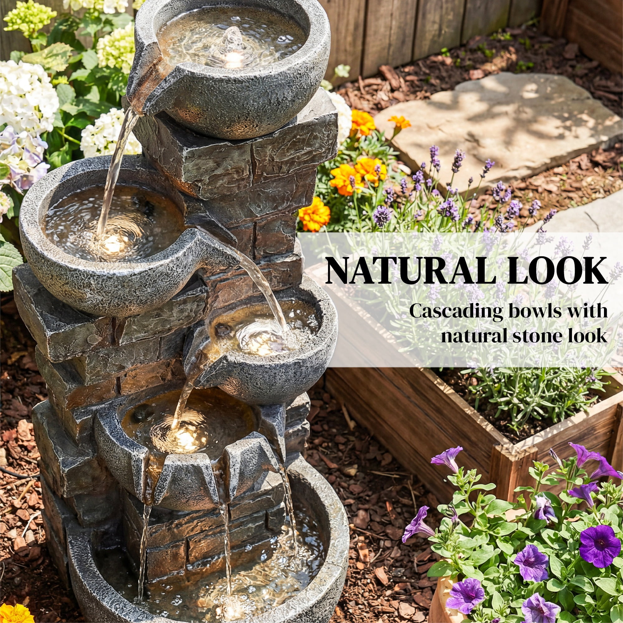 Outdoor Water Fountain with LED Lights, 31.5" Tall 5 Tiers Cascading Water Feature for Garden Patio Home Decor, Gray