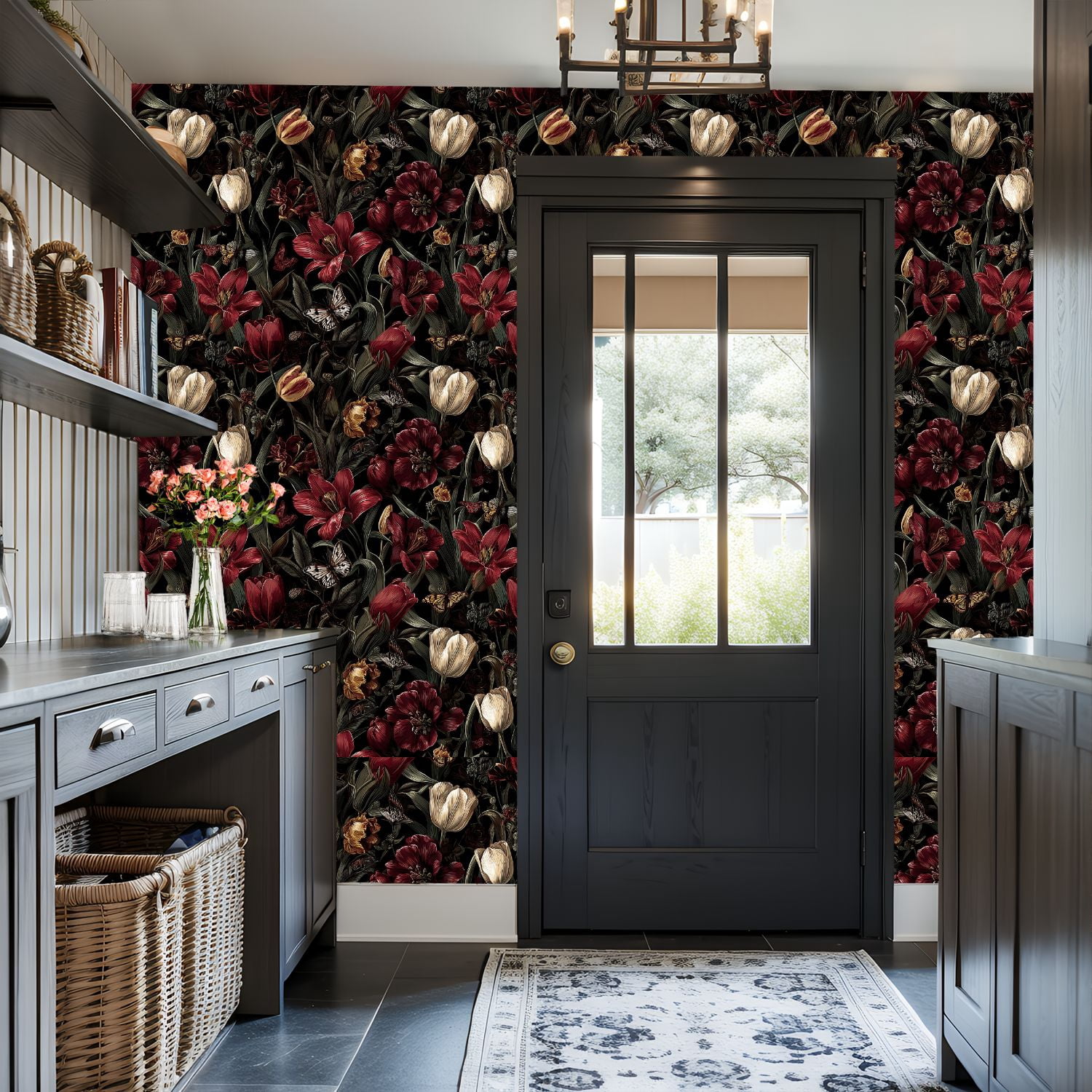 Peel and Stick Wallpaper Vintage Floral Tulips Lilies Butterflies Dark Wall Mural 17.7in x 9.8ft Self Adhesive Removable Wall Paper Renter Friendly Wallpaper for Nursery Bedroom Cabinets