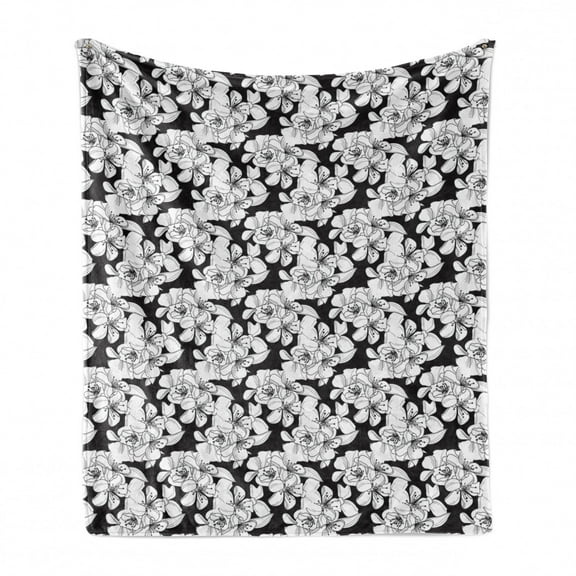 Floral Soft Flannel Fleece Blanket, Romantic Vintage Pattern with Cherry Flowers Japanese Botany Monochrome, Cozy Plush for Indoor and Outdoor Use, 60" x 80", Charcoal Grey and White, by Ambesonne
