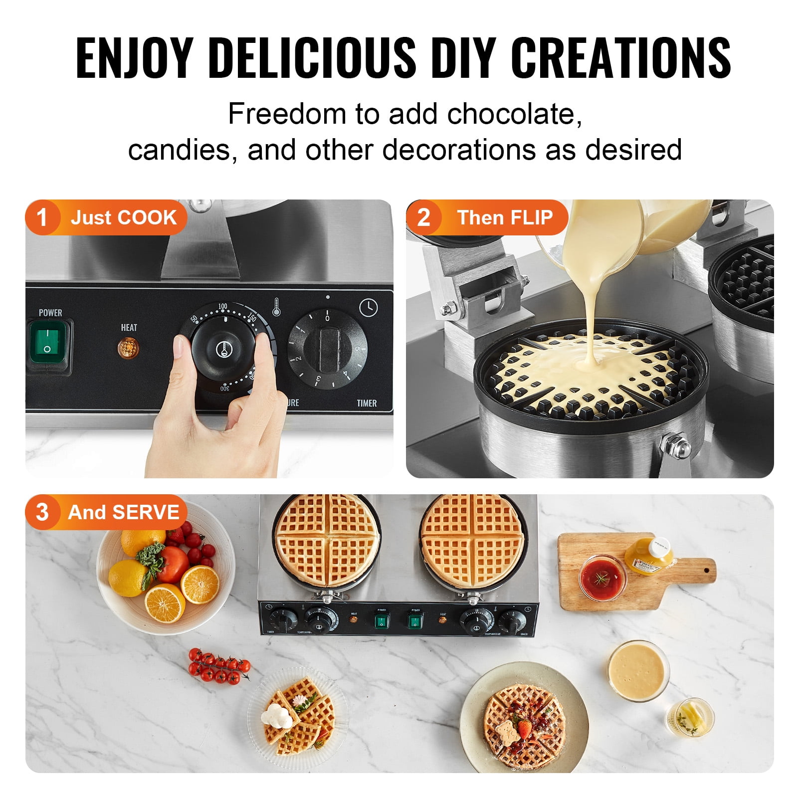 KFFKFF Double Head Commercial Waffle Maker, Round Belgian Waffle Cooking Device, 2460W, Non-Stick, with Temperature and Timer Settings, Ideal for Cafes, Bakeries, Snack Shops, and Home Use