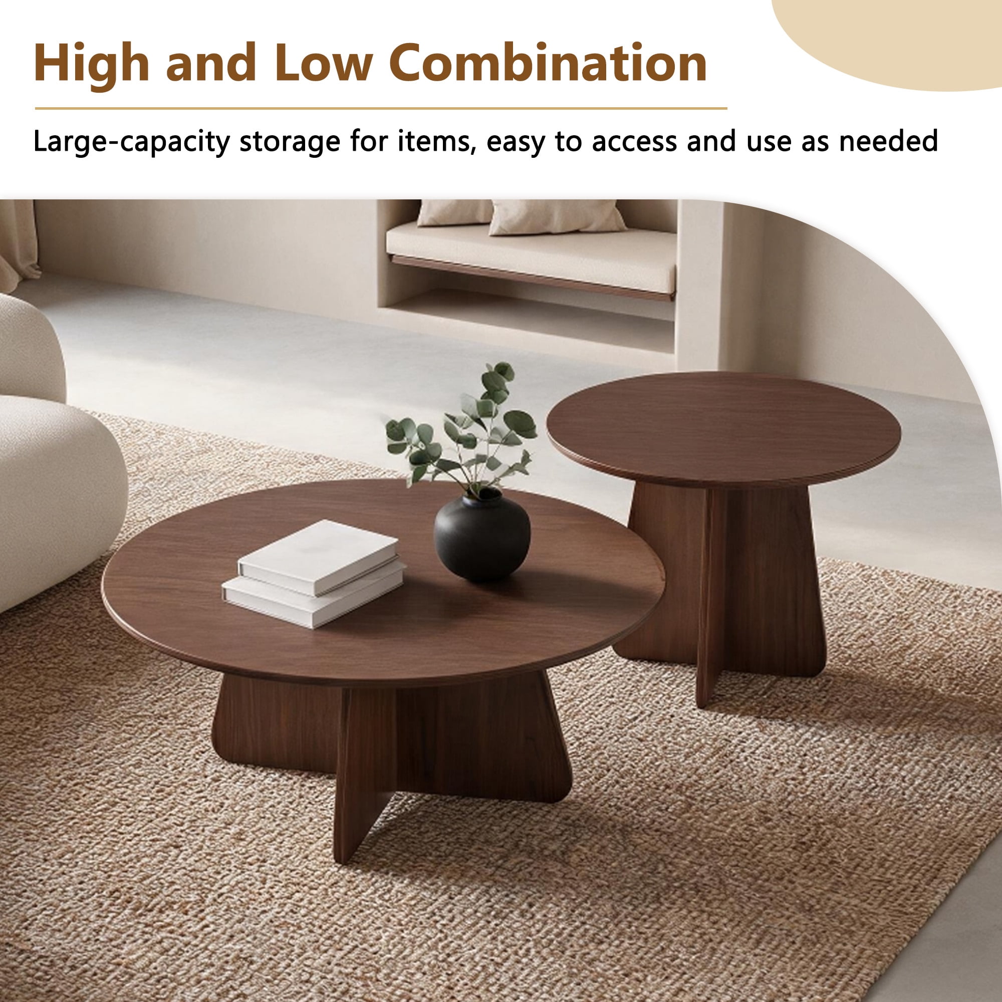 Retro-Style Nesting Coffee Table Set, Available In Walnut Or Natural Wood Finishes, Round Nesting Side Tables With Crisscross Legs, Ideal For Living Rooms And Dining Rooms
