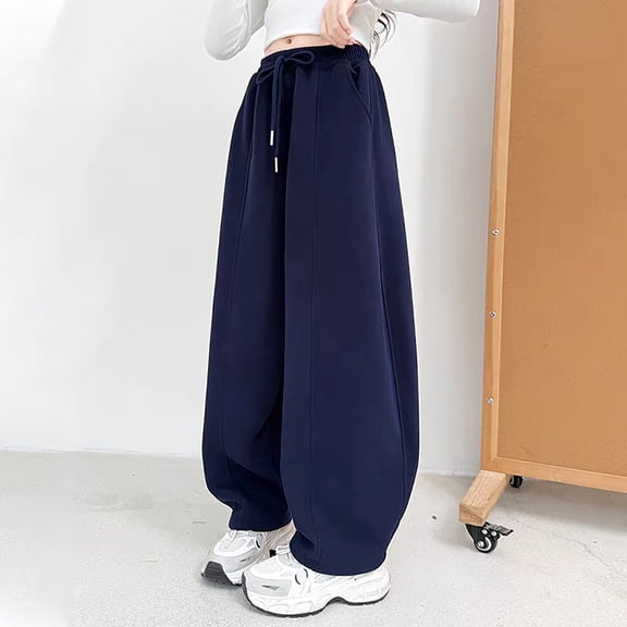 UACY Girls Wide Leg Sweatpants Baggy Sweat Pants for Teen Girls Kids Loose Fit Straight Leg Joggers with Pockets Drawstring Waist (Navy, 9-10 Years)