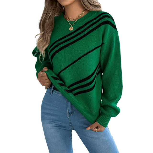 Suéter Informal de Rayas con Cuello Redondo y Larga Tipo Farol para Mujer Verde XL