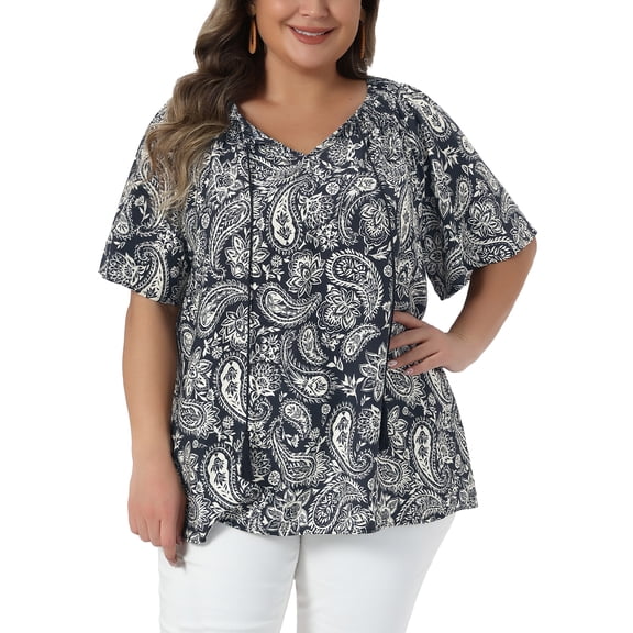 Agnes Orinda Women's Plus Size Tops Tie Crew Neck Short Sleeve Boho Print Blouse Summer Vacation Casual t Shirt 1X Black