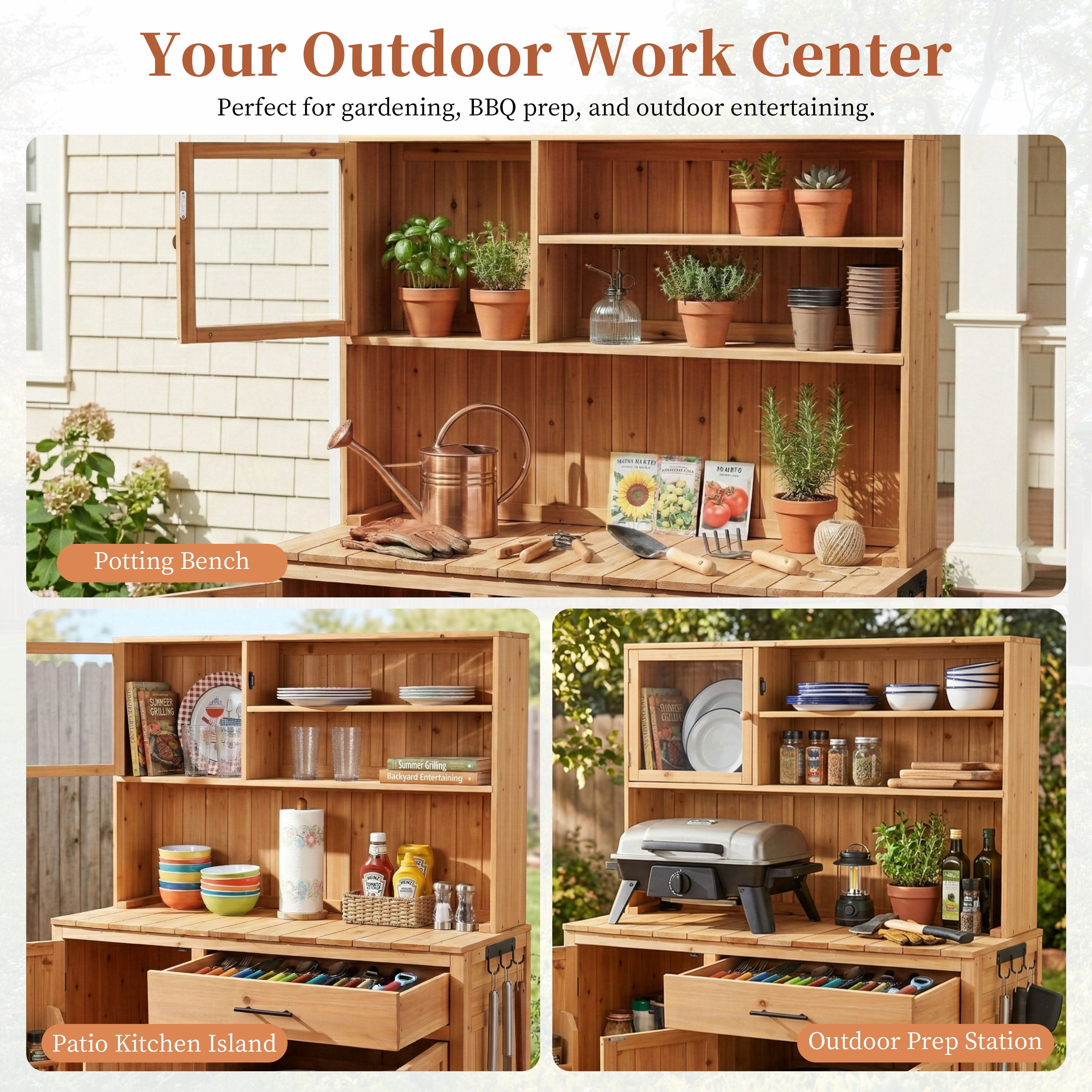 Potting Bench With Hutch, 65 Inch H Solid Fir Wood Outdoor Garden Workstation, Natural
