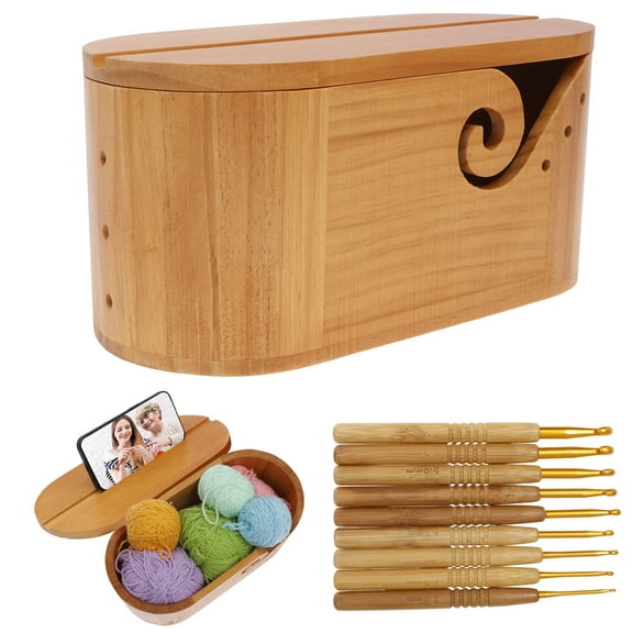 Wood Oval Yarn Bowl Holder with 9 Pcs Knitting Hooks Large Capacity Crochet Yarn Bowl with Lid and Double Curling Slots for Knitters Crocheters