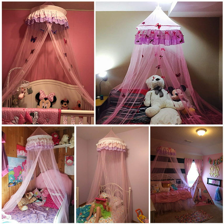 Costway Elegant Lace Bed Mosquito Netting Mesh Canopy Princess Round Dome Bedding Net - Pink