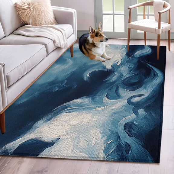 Blue Abstract Art Area Rug 3x5 Washable Rug Non Slip Modern Waves Art Large Area Rug Indoor Floor Carpet for Entryway Bedroom Kitchen Living Room Home Office Dining Room Nursery