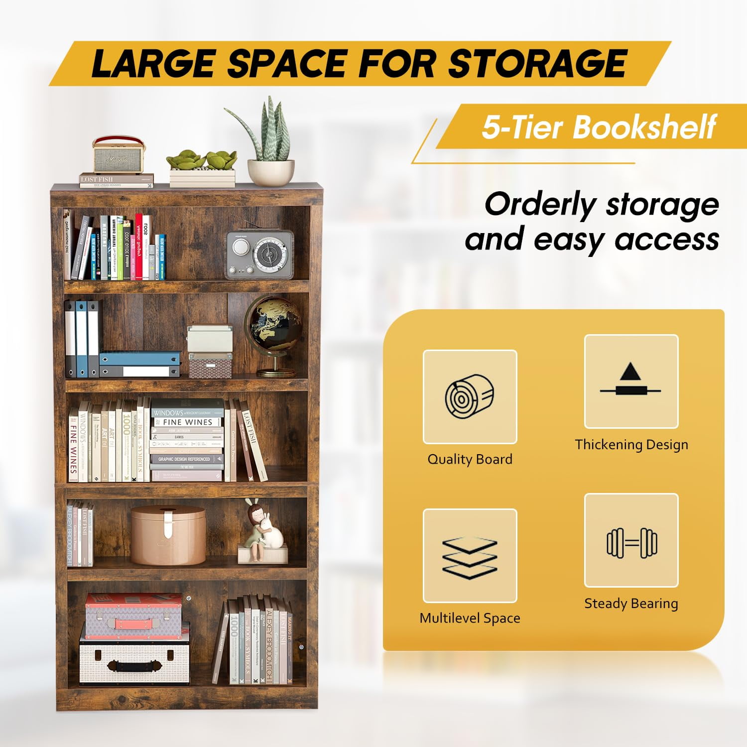 69.9" Tall Bookcase, 5-Tier Bookshelf Wood Bookshelves for Home Living Room Office, Brown