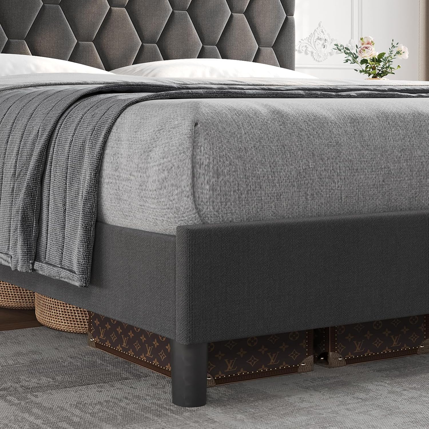 Twin Upholstered Bed Frame with Headboard, Diamond Pattern, Wood Slats, No Box Spring Needed, Easy Assembly,Gray