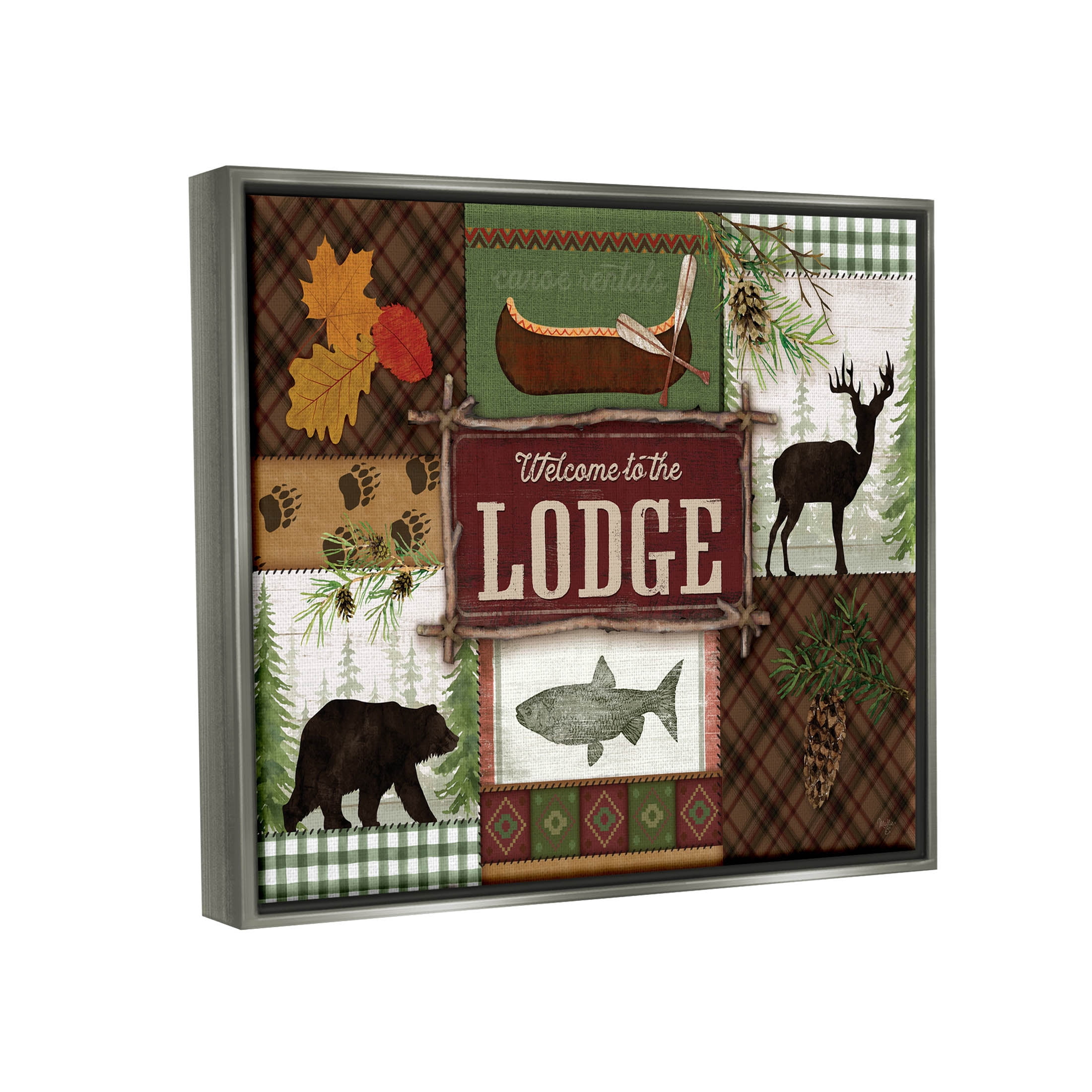 Welcome Lodge Plaid Wildlife Sign Animals & Insects Graphic Art Luster Gray Framed Art Print Wall Art